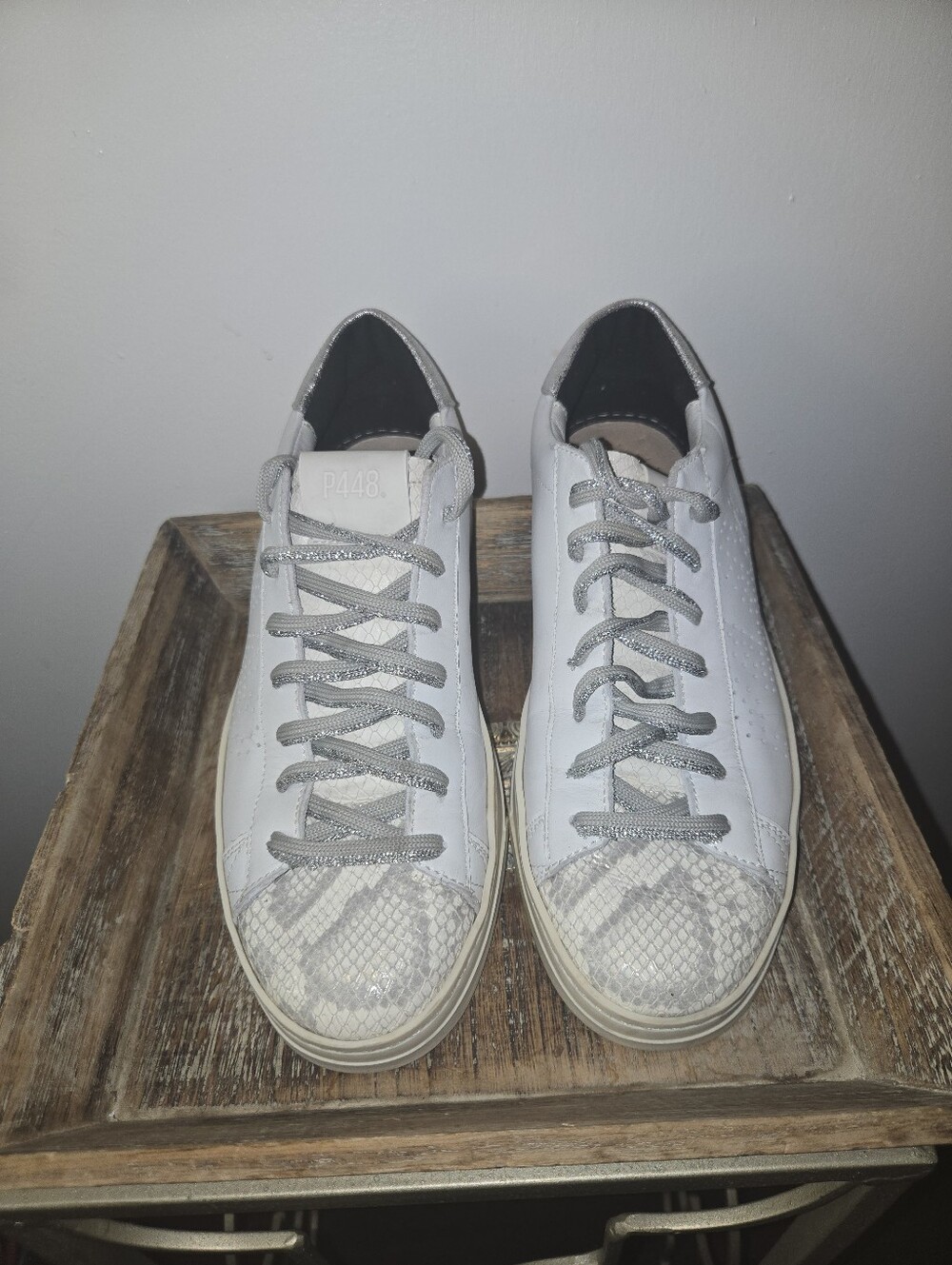 P448 John Python Snakeskin Leather Metallic Sneakers White Silver EU 38 US 8